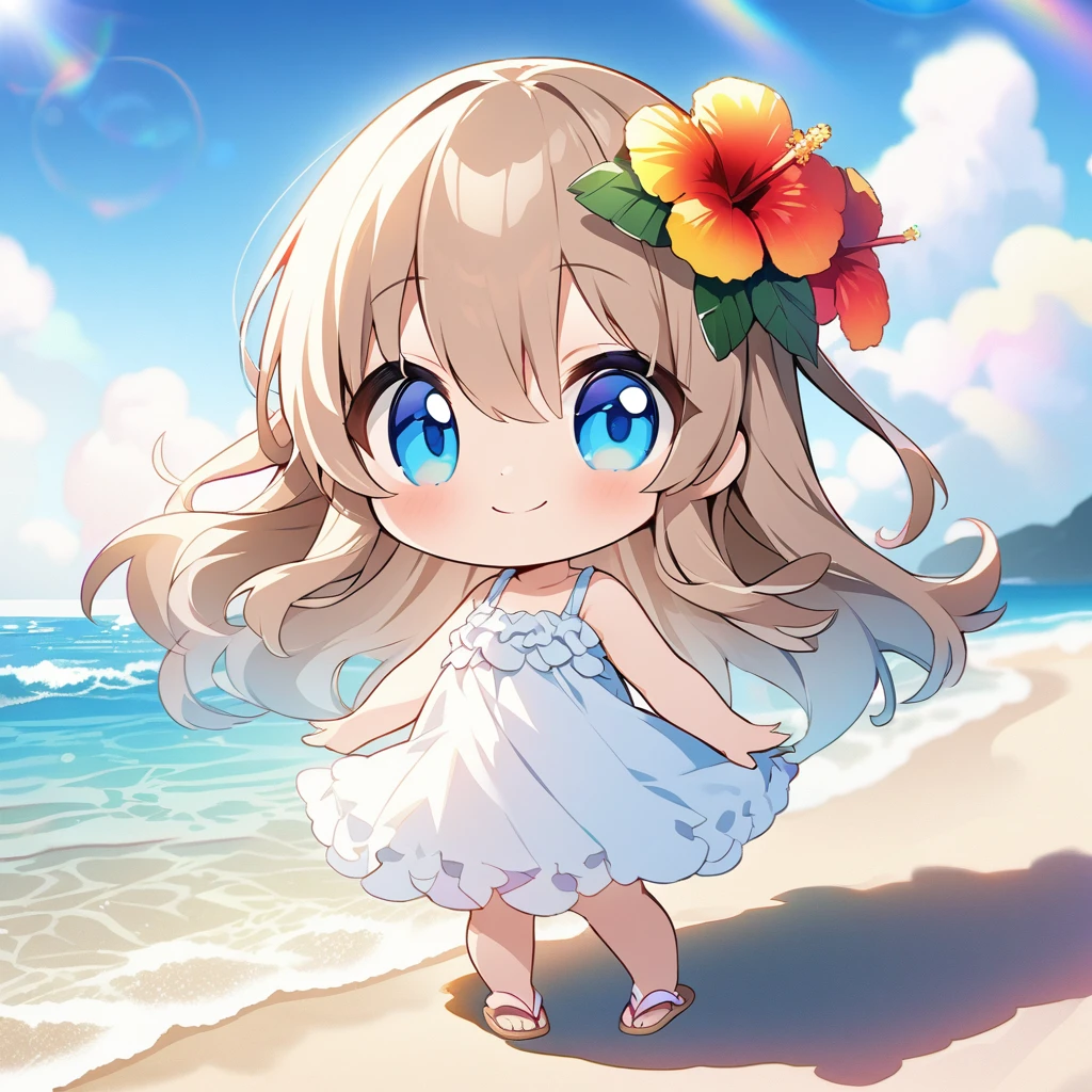 masterpiece, best quality, 4k、2D illustration, one beautiful girl, solo、(((chibi style)))、((vivid colors))、cute chibi, lovely chibi、((colorful))、((long beautiful hair)), glossy light brown hair, hair between eyes, cute, beautifully detailed eyes、((white summer dress))、((straw hat))、hibiscus hair ornament, flip-flops, ((happy smile))、((full body shot))、((summer beach))、((calm sea))、((blue sky))、sunbeam, white light, ((lens flare)), ((high color saturation)), 
