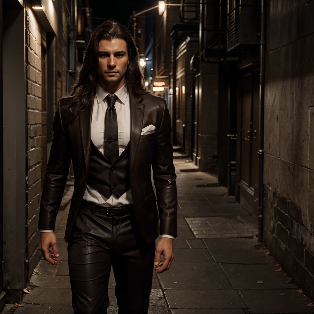 male, muscular, Brown leather, long curly brown hair, dark suit pants, black blazer with white shirt tucked in, city background, evening, in a dark alley, realist, 8k, unreal engine, Very detailed, octane rendering,