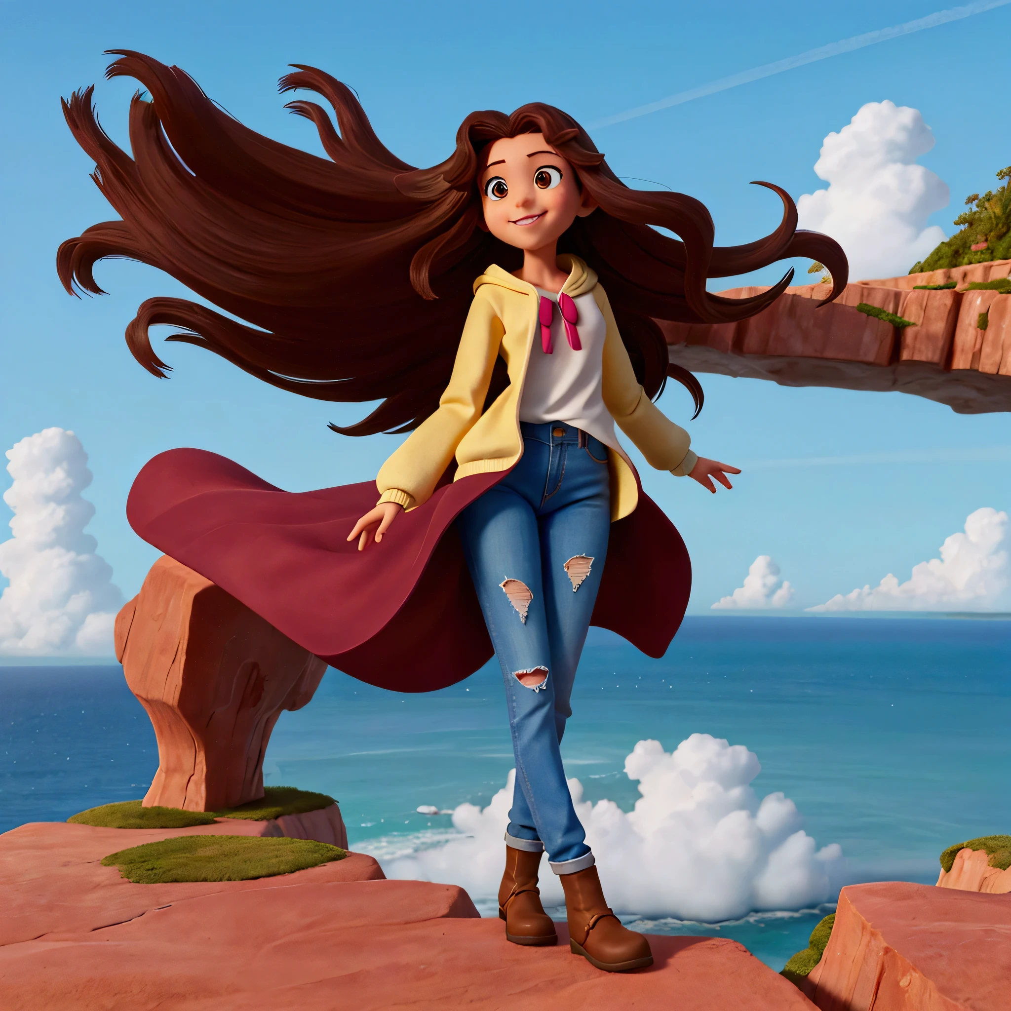 A young woman, full height, long brown hair stands on the edge of a cliff, the ocean below, colored by the dawn rays, a beautiful dawn, a girl smiles, she spreads her arms, she is wearing jeans, a long-sleeved sweatshirt, sleeves are flowing back in the wind, hair is developing back, the beginning of a new life, Disney style, masterpiece, Best quality, official art, 8k wallpaper, Very detailed