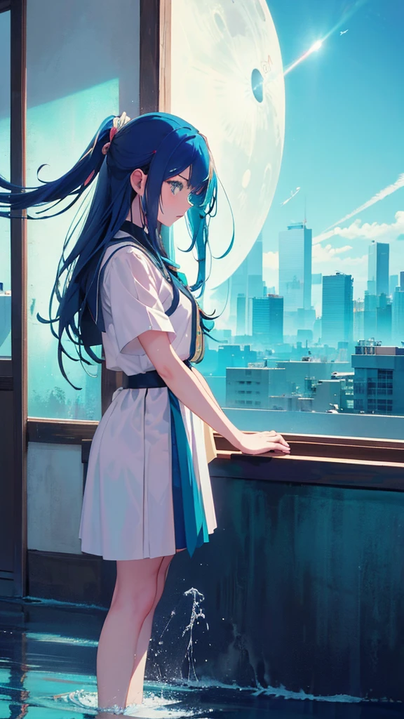 Blue-haired long hair，Design clothing，Seven-doppelganger shot，Anime style 4K，Anime girl with teal hair，High quality anime art style，Standing painting，Splash ink background，Blue Themes、Pure white background,Buildings,Face close-up,Buildings,Moon and sun、Long legs, whale flying in the sky,giant whale,輝く星々,天の川,輝く空