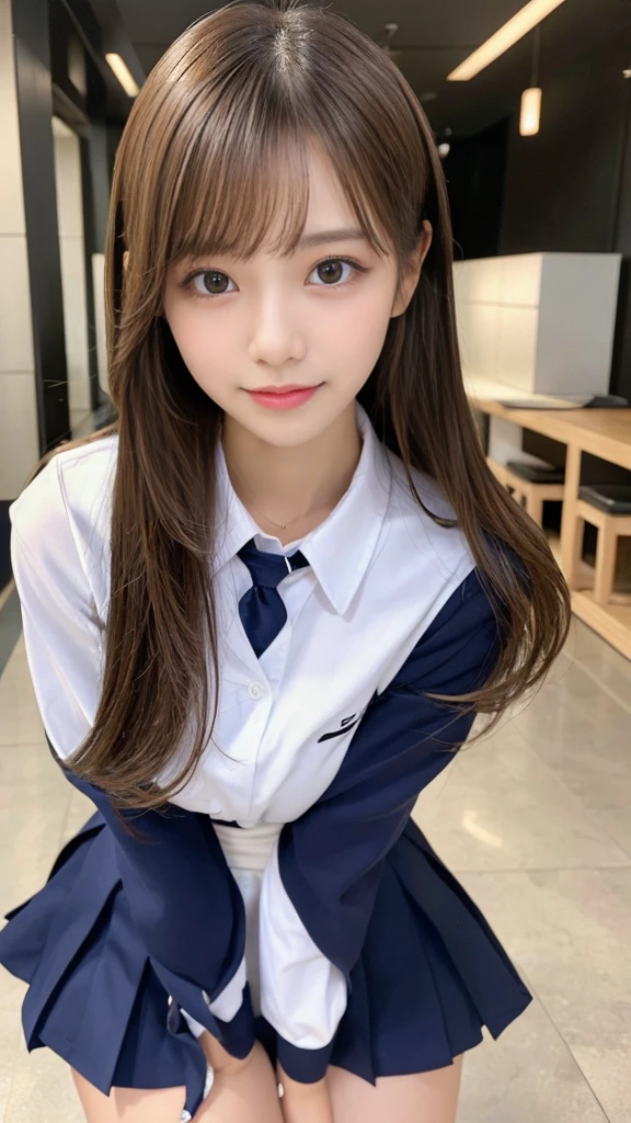 (Detailed skin:1.2),(Shiny skin:1.1),8K,Highest quality, masterpiece, Ultra-high resolution,(Realistic:1.4), RAW Photos,(Soft saturation:1.3),(Fair skin:1.2),Japanese Idols,repair,20 years, Light brown hair, (Shore Surf:1.2)、(Long Hairstyles:1.2), Asymmetrical Hair, Asymmetrical bangs (Pretty face:1.4), (Large Breasts, Tight waist), Beautiful lighting, Small Head, (Student Uniform:1.2,),Highly detailed face, Highly detailed lips, fine grain, double eyelid,(Full Body Shot), Browsing Caution, (Sharp focus: 1.2), (Perfect Anatomy、Beautiful woman with perfect figure: 1.2)、Random sexy poses,Accentuate your leg lines、Smiling
