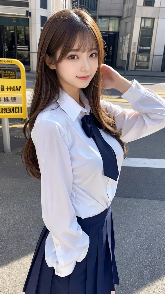 (Detailed skin:1.2),(Shiny skin:1.1),8K,Highest quality, masterpiece, Ultra-high resolution,(Realistic:1.4), RAW Photos,(Soft saturation:1.3),(Fair skin:1.2),Japanese Idols,repair,20 years, Light brown hair, （Shore Surf:1.2)、（Long Hairstyles:1.2), Asymmetrical Hair, Asymmetrical bangs (Pretty face:1.4), (Large Breasts, Tight waist), Beautiful lighting, Small Head, (Student Uniform:1.2,),Highly detailed face, Highly detailed lips, fine grain, double eyelid,（Full Body Shot）, Browsing Caution, （Sharp focus: 1.2）, （Perfect Anatomy、Beautiful woman with perfect figure: 1.2）、Random sexy poses，Accentuate your leg lines、Smiling