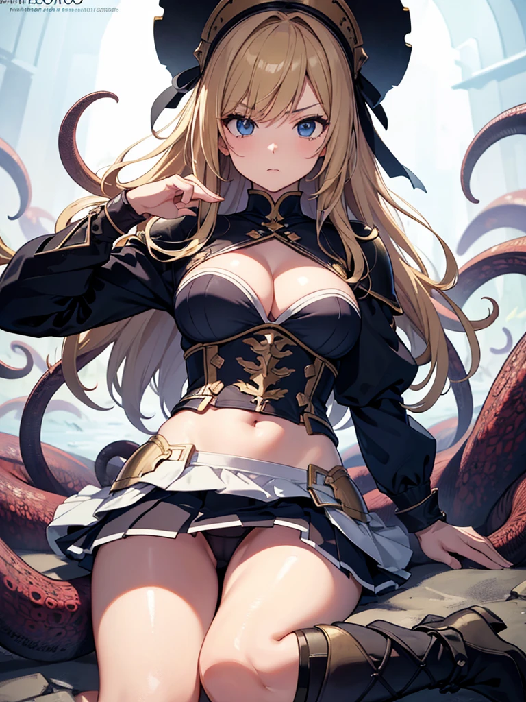 masterpiece, best quality, high definition images, atmospheric perspective, expressive eyes, perfect face, ultra detailed, solo, 1mature seductive woman laying down, female knight, looking panic, blond long hair, hair ribbon, armour, cleavage, miniskirt, flip-up skirt, panties, thighs, over knee socks, high boots, serious expression, from below, lots of tentacles swarming,