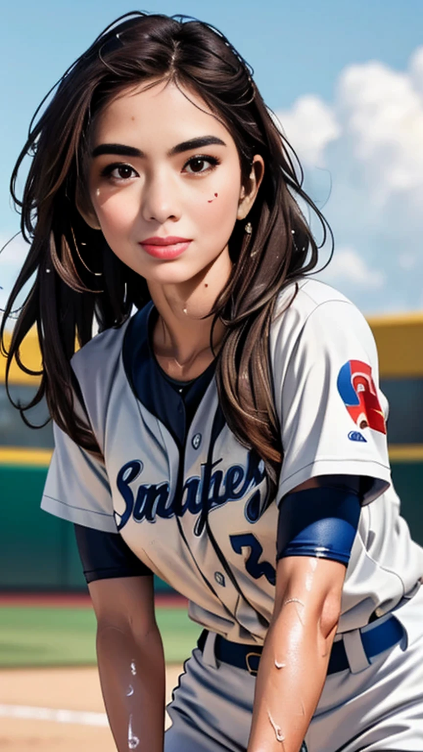 BINI Mikha, the Filipina singer/Pro volleyball player, donning a baseball uniform and clutching a baseball bat in her hand. She stands confidently on a lush green field, sunlight casting a warm glow on her athletic physique. Her striking features, framed by flowing locks of dark hair, radiate beauty amidst the sporty atmosphere. In stunning digital anime art, courtesy of Eddie Mendoza's skilled hands.