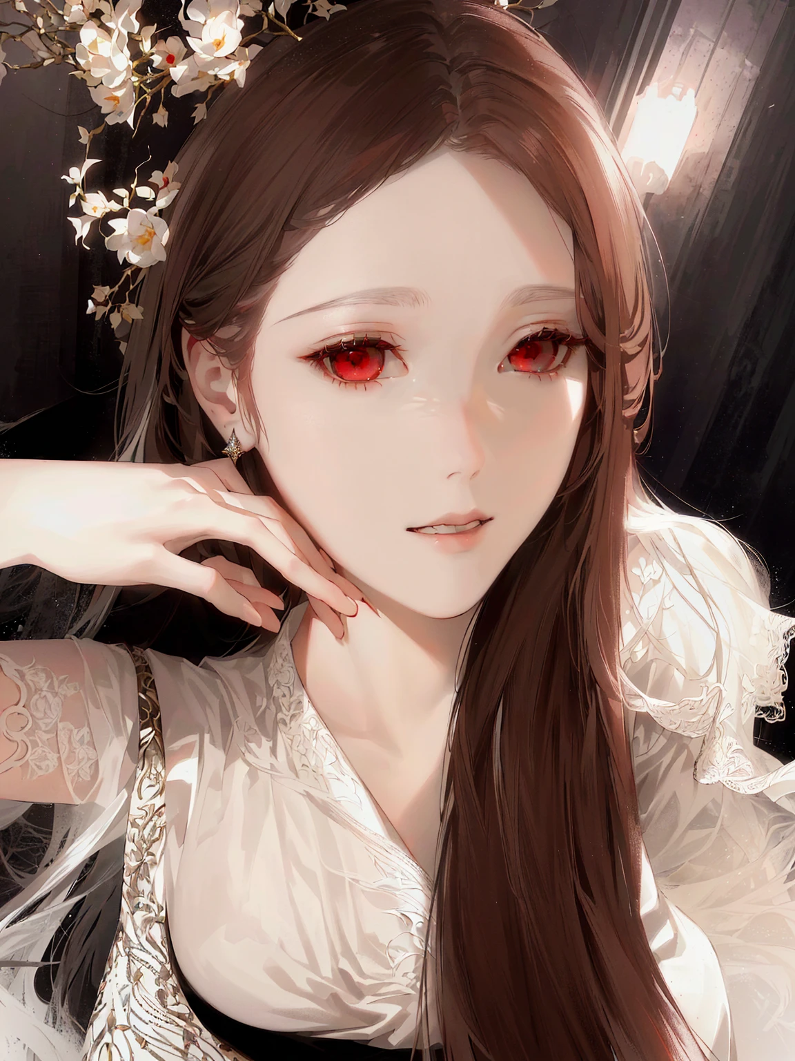 A beautiful young woman,Flowing long hair Flowing white hair,Delicate facial features,Sharp red eyes,Elegant posture,wearing a flowing white dress,In a surreal,Dreamlike scene,4K,Ultra Detail,Reality,light,Intricate background,Fantasy art style,Vibrant colors,Ethereal,Floating white hair,masterpiece