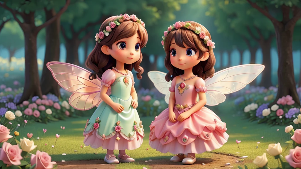 Create a beautiful fairy with shiny wings and a beautiful rose dress in a forest of flowers with several sad rabbits