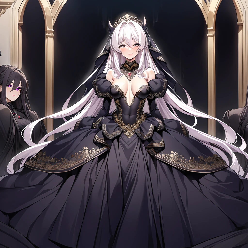 ((Highest quality)), ((masterpiece)), (detailed), （Perfect Face）、The woman has dark, pale, medium-long hair, is wearing a gorgeous black wedding dress with gold embroidery and trim, a black wedding veil, and an engagement ring.、The woman is happily getting married in a posh church belonging to an evil organization.