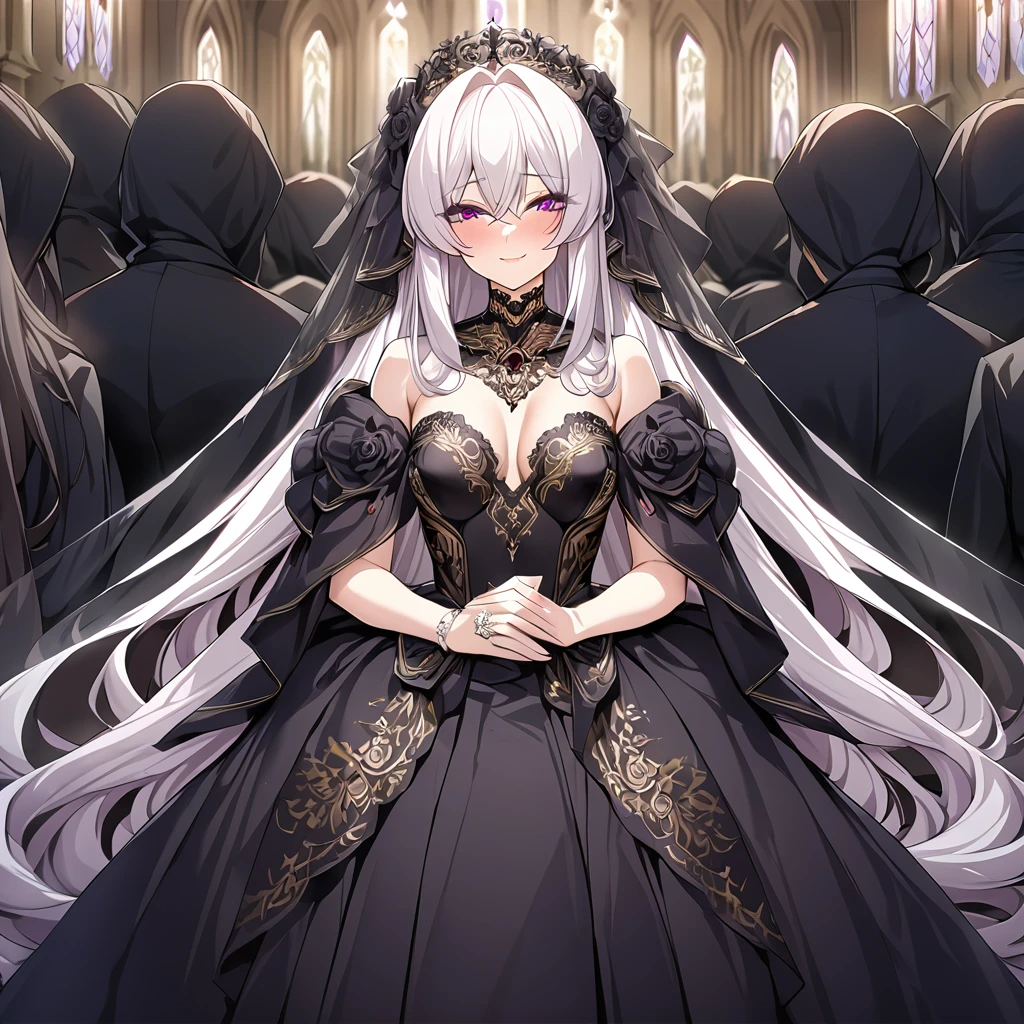 ((Highest quality)), ((masterpiece)), (detailed), （Perfect Face）、The woman was Princess Leona, with long light brown hair and a gorgeous, bewitching black wedding dress and black wedding veil.、In a luxurious church wedding hall, a woman is getting married to an evil emperor dressed in a dignified and powerful black outfit.、The woman has long hair