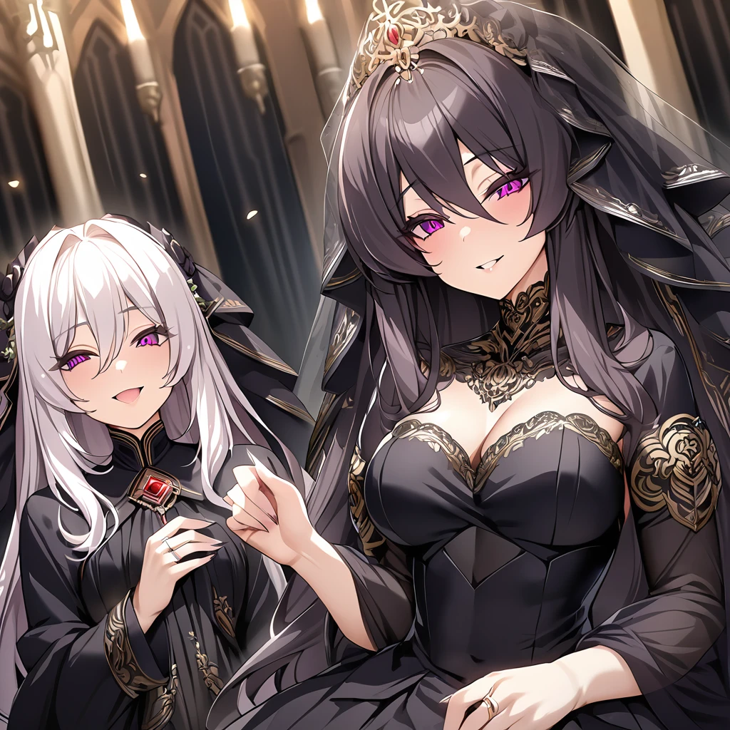 ((Highest quality)), ((masterpiece)), (detailed), （Perfect Face）、The woman has dark, pale, medium-long hair, is wearing a gorgeous black wedding dress with gold embroidery and trim, a black wedding veil, and an engagement ring.、The woman is happily getting married in a posh church belonging to an evil organization.