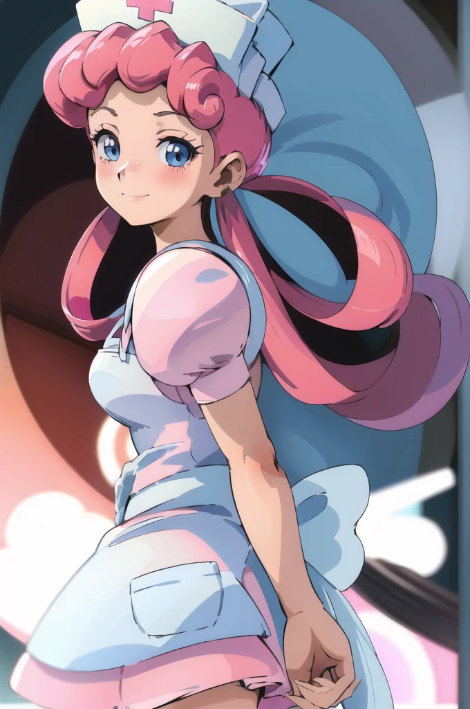 (masterpiece, best quality:1.2), nurse joy, pokemon, blue eyes, closed mouth, long hair, pink hair, short sleeves, nurse, blush, holding, puffy short sleeves, large breasts, puffy sleeves,  nurse cap, 1girl, looking at viewer, smile, solo, hat, dress, apron, hair rings, clipboard 