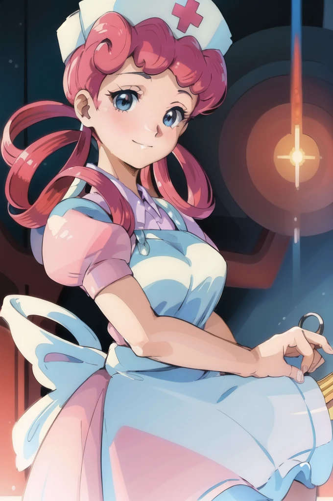 (masterpiece, best quality:1.2), nurse joy, pokemon, blue eyes, closed mouth, long hair, pink hair, short sleeves, nurse, blush, holding, puffy short sleeves, large breasts, puffy sleeves,  nurse cap, 1girl, looking at viewer, smile, solo, hat, dress, apron, hair rings, clipboard 