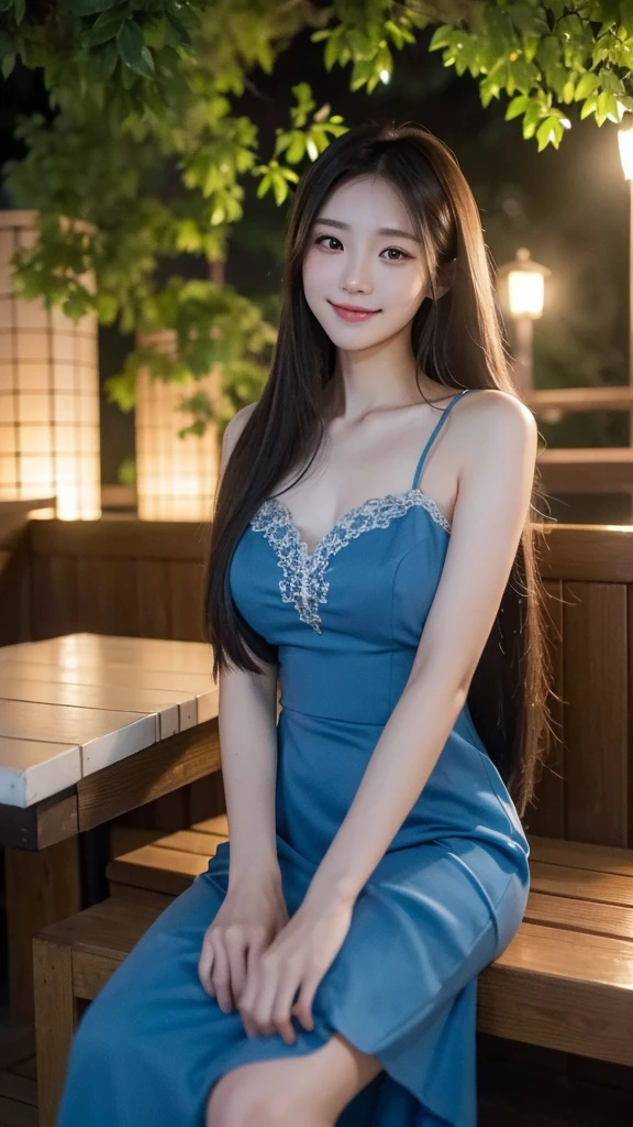 ((Best quality, 8k, Masterpiece:1.3)), 1girl, Japanese, long straight hair, blue dress, (Half Smile:1.2), beautiful face, detailed skin texture, outdoor patio lights