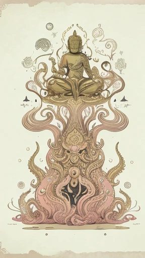 Golden Buddha,Cthulhu gods,Pink tentacles,Lovecraftian gods。The vast universe,The vast starry sky,Diffuse clouds,Crazy monsters,Twisted monsters,Lovecraft atmosphere,lovecraftian background,Lovecraftian inspiration。Surrealism,Abstract Art。