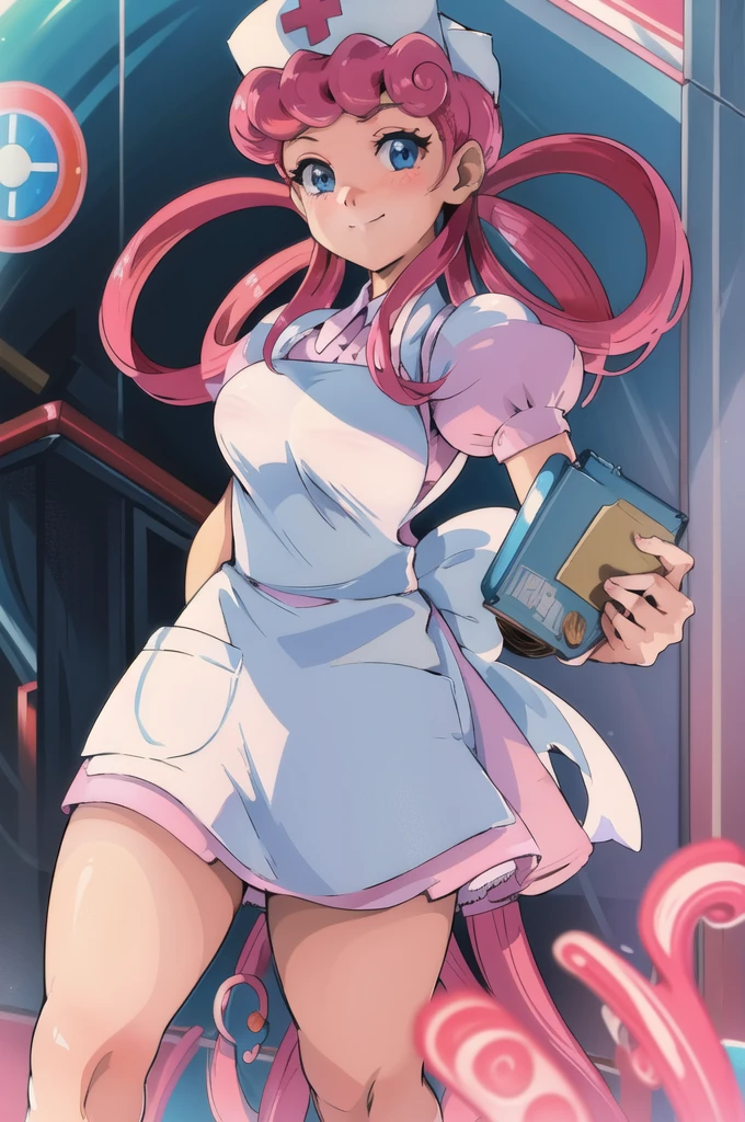 (masterpiece, best quality:1.2), nurse joy, pokemon, blue eyes, closed mouth, long hair, pink hair, short sleeves, nurse, blush, holding, puffy short sleeves, large breasts, puffy sleeves,  nurse cap, 1girl, looking at viewer, smile, solo, hat, dress, apron, hair rings, clipboard 