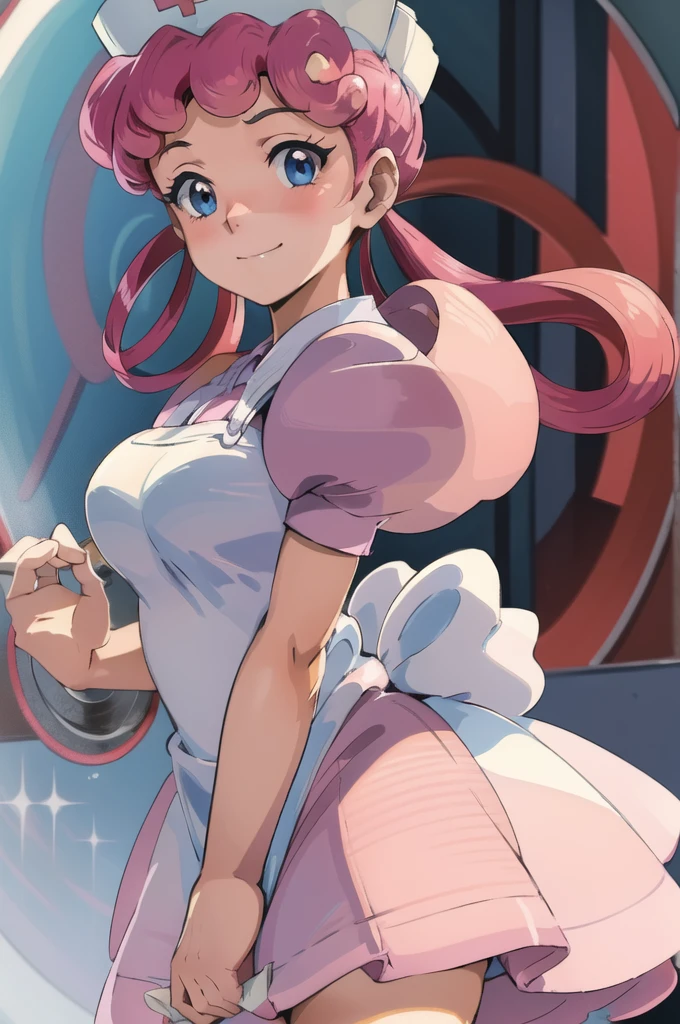 (masterpiece, best quality:1.2), nurse joy, pokemon, blue eyes, closed mouth, long hair, pink hair, short sleeves, nurse, blush, holding, puffy short sleeves, large breasts, puffy sleeves,  nurse cap, 1girl, looking at viewer, smile, solo, hat, dress, apron, hair rings, clipboard 