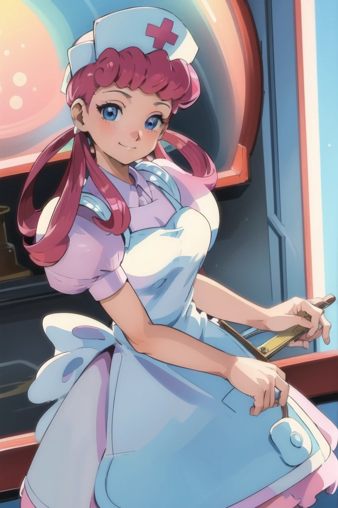 (masterpiece, best quality:1.2), nurse joy, pokemon, blue eyes, closed mouth, long hair, pink hair, short sleeves, nurse, blush, holding, puffy short sleeves, large breasts, puffy sleeves,  nurse cap, 1girl, looking at viewer, smile, solo, hat, dress, apron, hair rings, clipboard 