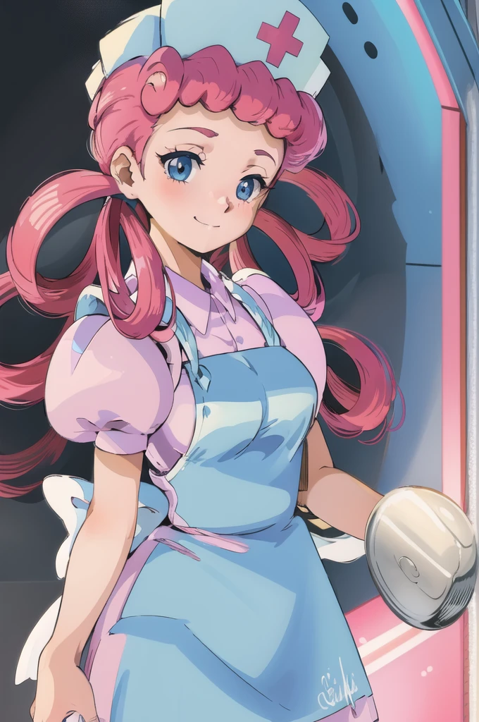 (masterpiece, best quality:1.2), nurse joy, pokemon, blue eyes, closed mouth, long hair, pink hair, short sleeves, nurse, blush, holding, puffy short sleeves, large breasts, puffy sleeves,  nurse cap, 1girl, looking at viewer, smile, solo, hat, dress, apron, hair rings, clipboard 