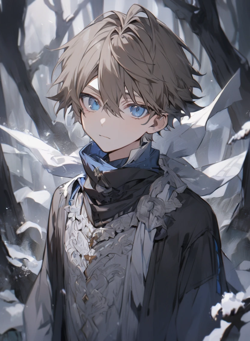 young man ,Male Dark, dark Woods, cold gray colors, man pale brown hair with blue eye, Warlock dnd , tentacle in background