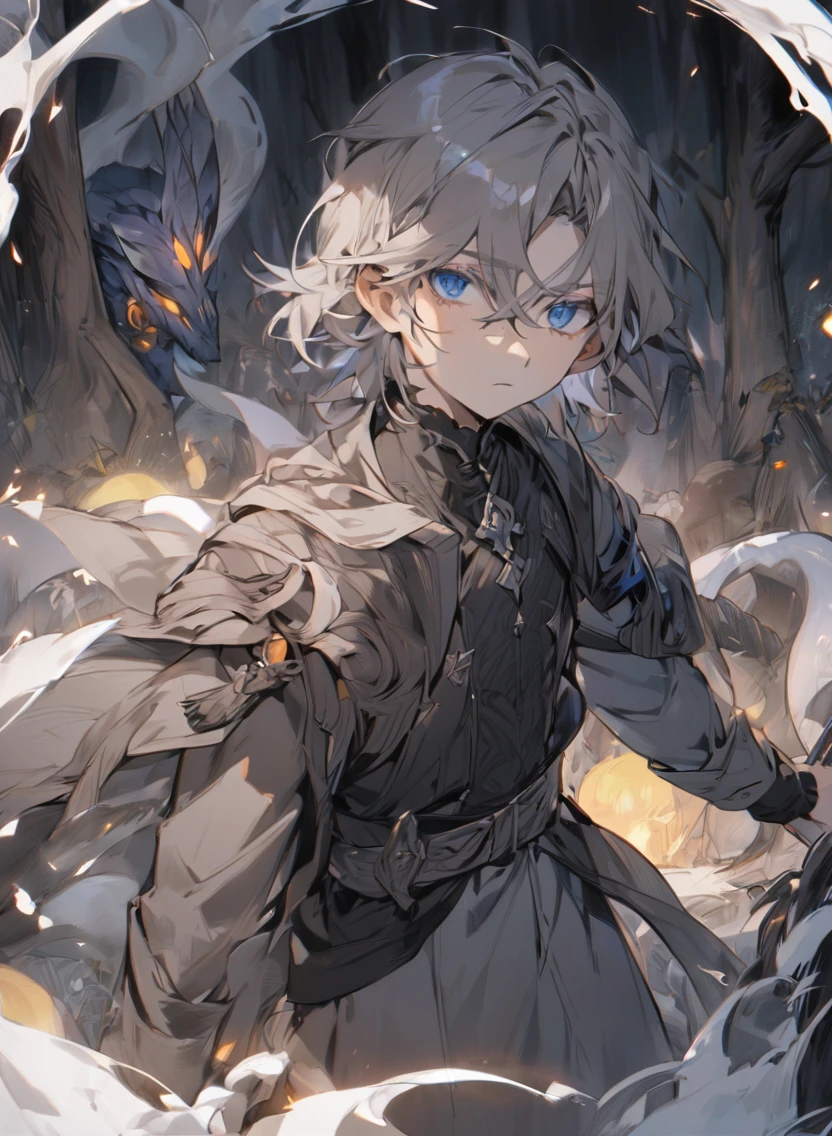 young man ,Male Dark, dark Woods, cold gray colors, man pale brown hair with blue eye, Warlock dnd , tentacle in background