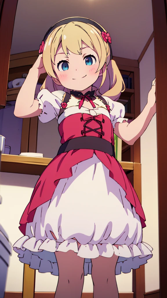 ((masterpiece))((Highest quality))girl、smile、blush、Flat Chest、Are thin、Blonde Hair、Are standing、Low - Angle、front、No background、真frontのアングル、Gothic Lolita、Twin tails、Fisheye Lens