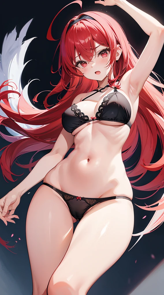 1girl, ahoge, armpits, bangs, bare shoulders, black bra, black hairband, black panties, blush, bra, breasts, cowboy shot, crossed bangs, eris greyrat, from below, gradient, gradient background, groin, hair between eyes, hairband, hand up, long hair, looking at viewer, medium breasts, navel, open mouth, panties, panty pull, red eyes, red hair, solo, stomach, thick eyebrows, thighs, underwear, underwear only