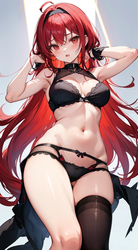 1girl, ahoge, armpits, bangs, bare shoulders, black bra, black hairband, black panties, blush, bra, breasts, cowboy shot, crossed bangs, eris greyrat, from below, gradient, gradient background, groin, hair between eyes, hairband, hand up, long hair, looking at viewer, medium breasts, navel, open mouth, panties, panty pull, red eyes, red hair, solo, stomach, thick eyebrows, thighs, underwear, underwear only