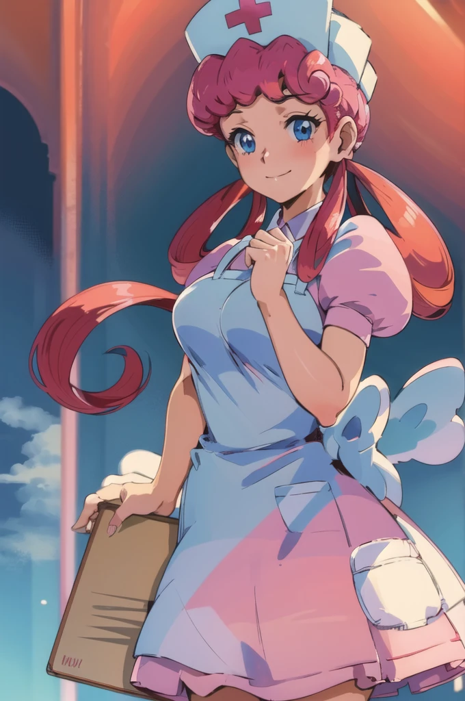 (masterpiece, best quality:1.2), nurse joy, pokemon, blue eyes, closed mouth, long hair, pink hair, short sleeves, nurse, blush, holding, puffy short sleeves, large breasts, puffy sleeves,  nurse cap, 1girl, looking at viewer, smile, solo, hat, dress, apron, hair rings, clipboard 