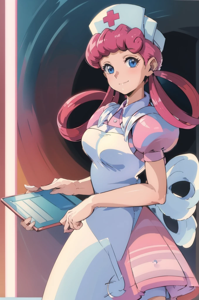 (masterpiece, best quality:1.2), nurse joy, pokemon, blue eyes, closed mouth, long hair, pink hair, short sleeves, nurse, blush, holding, puffy short sleeves, large breasts, puffy sleeves,  nurse cap, 1girl, looking at viewer, smile, solo, hat, dress, apron, hair rings, clipboard 