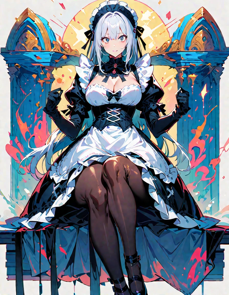 1 mature woman,(Highest quality,Extremely detailed depiction,Incredibly absurd high resolution,Anatomically accurate depiction,Perfect body,Two curvaceous legs),(Glowing Skin,Shiny skin,Oilskin),(Black and white gothic maid outfit,Maid Skirt,corset,black tights,High heels),eyelash,(Black Eyes,Crazy Eyes,Squint your eyes,Boring look,There is cleavage in the chest,Black lipstick,Part your lips,A condescending gaze on the viewer,sitting on the sofa with one&#39;s knees up),Sweat,(whole body),(background:Night room),Purple light,From below:1.3