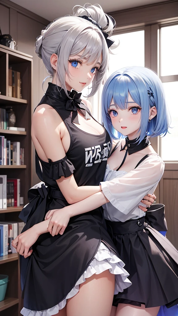 Gray Hair、Two Girls、Bob Hair、Golden Eyes、ColorPurple、Idol、Fluffy skirt、dance、fine、ponytail、Pale blue eyes、Color: Blue、