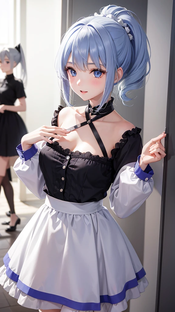 Gray Hair、Two Girls、Bob Hair、Golden Eyes、ColorPurple、Idol、Fluffy skirt、dance、fine、ponytail、Pale blue eyes、Color: Blue、