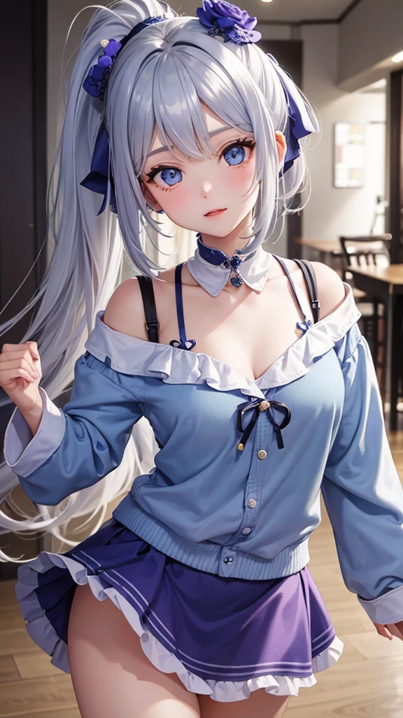 Gray Hair、Two Girls、Bob Hair、Golden Eyes、ColorPurple、Idol、Fluffy skirt、dance、fine、ponytail、Pale blue eyes、Color: Blue、