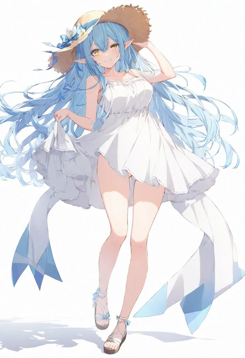 (muste piece), (best quality), (score_9, score_8_up, score_7_up), very detailed eyes, expressive eyes, perfect face, very detailed face, highly detailed face, beautiful girl, 8K, beautiful girl, white background, delicate and beautiful face and eyes, dark intense shadow,
1 girl, vtuber style, cool girl, hololive, Yukihana Lamy, Elf ears, blue hair, heart ahoge, white sundress, sleeveless dress, suspender dress, dress bow, big chest, clavicle, one hand on head, one eye close winking, smile, ass visible through thighs, (full body), straw hat, naked thighs, sandals, standing, holding clothes, wind blowing, from below,