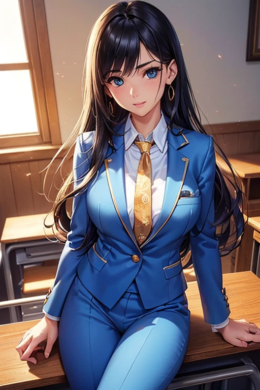 #Basics A girl is posing for a photo, animeのかわいい女の子, (((One Girl)), ((Baby Face)), ((Young girl)), ((16 years old))),
BREAK
#Clothing Accessories
((Sky Blue Business Suit : White dress shirt + Red tie + Sky blue suit vest + Sky blue suit jacket + Gold border + Sky blue suit slacks), Black high heels),
Gold hoop earrings, Silver Necklace,
BREAK
#Features
((Black Hair)), (Curly hair), (Long Hair : Long Hair + Fuller, more voluminous hair + Inwardly curled hair + Hair blowing in the wind),
(Very thin eyebrows:0.5),
(Droopy eyes, blue eyes), (Small breasts),
BREAK
#background environment
(noon、(Sunlit office interior, Modern Office, Office desk)),
#Facial Expression Pose
((smile (A powerful and confident pose, sitting at a desk with chest outstretched)),
#composition
((Face the camera, Angle from the front, Cowboy Shot:1.4)),
BREAK
#Body parts elements
(Detailed hair, Beautiful Hair, Shiny Hair),
(double eyelid, Long eyelashes),
(Expression of fine eyes, Beautiful and delicate eyes, Sparkling eyes, Eye Reflexes, Glitter Eyeliner),
(Human Ear),
(Beautiful Nose, Thin Nose),
(Glossy lips, Beautiful Lips, Thick lips, Glossy Lips, Natural Cheeks),
(Detailed face, Symmetrical facial features),
(Detailed skin, Textured skin, Beautiful Skin, Shiny skin),
BREAK
#Quality
(((Highest quality)), ((masterpiece)), ((Very detailed))), ((High resolution), (16K,1080P)),
(Realistic), (Anatomically correct),
((comics, anime)), (3DCG), CG illustration,