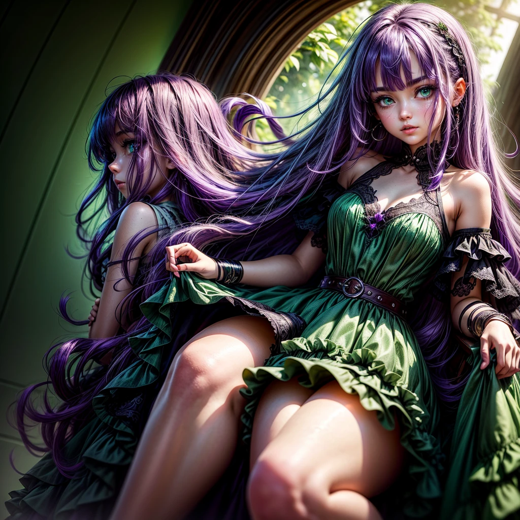 age, girl, beautiful, (purple hair), (emerald green eyes), wearing a dress