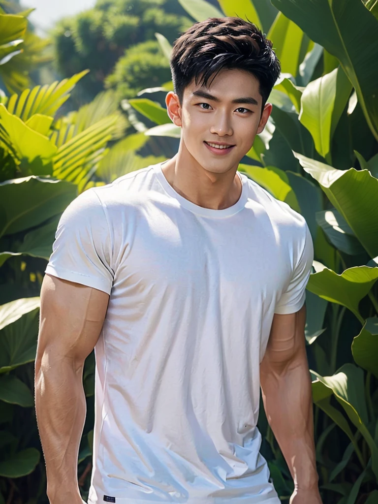 man , white t-shirt, black short hair , outdoor , cute smile , หน้าhandsomeแบบเกาหลีสมจริง , modest muscles , Masterpiece、High resolution、Surreal、detailed face、alone、man、Glowing skin、(Asia)、handsome、Detailed background