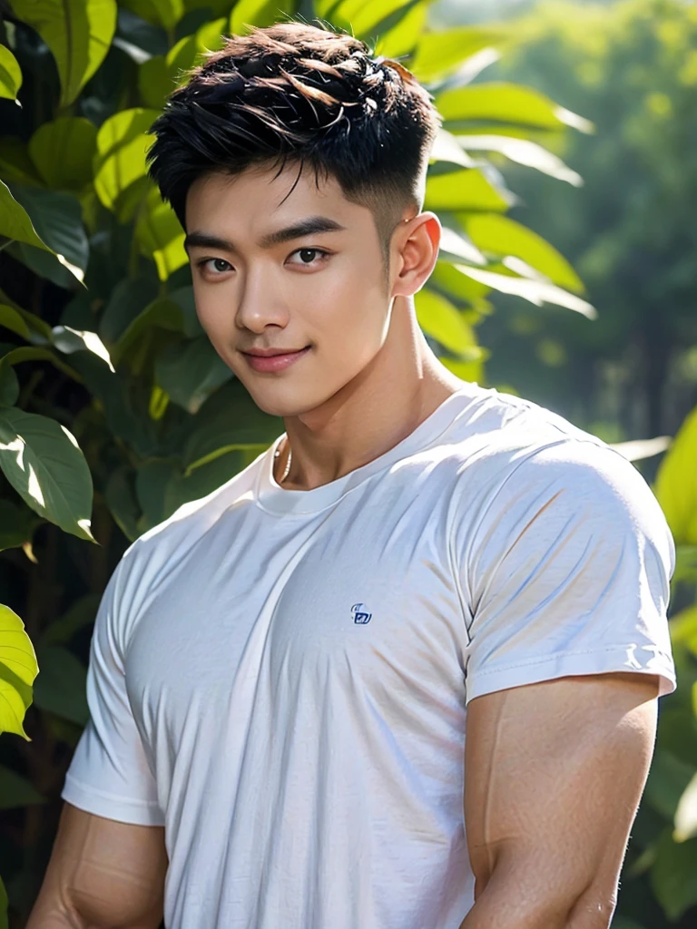 man , white t-shirt, black short hair , outdoor , cute smile , หน้าhandsomeแบบเกาหลีสมจริง , modest muscles , Masterpiece、High resolution、Surreal、detailed face、alone、man、Glowing skin、(Asia)、handsome、Detailed background