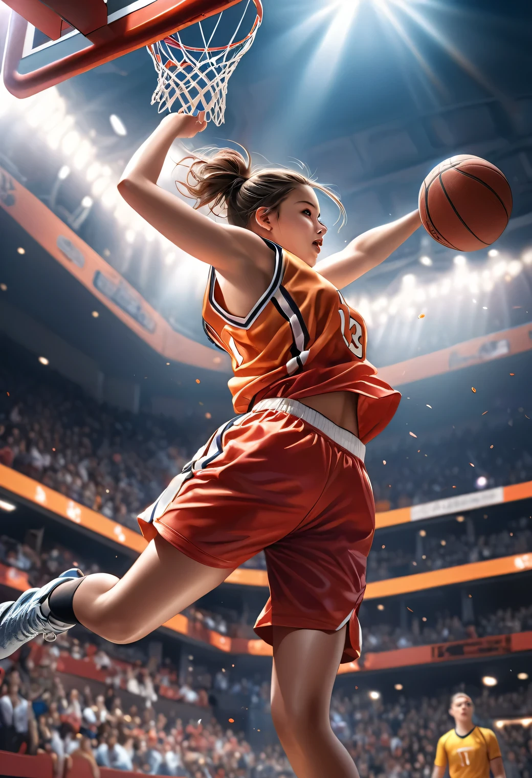 a beautiful cute girl jumping with a basketball in both hands toward a basketball hoop, make dunk shot:1.2, highly detailed, 1girl, beautiful detailed eyes, beautiful detailed lips, extremely detailed eyes and face, long eyelashes, basketball, basketball hoop, athletic, dynamic pose, action, sports, vibrant colors, cinematic lighting, 8k, photorealistic, masterpiece, art by artgerm and greg rutkowski and alphonse mucha