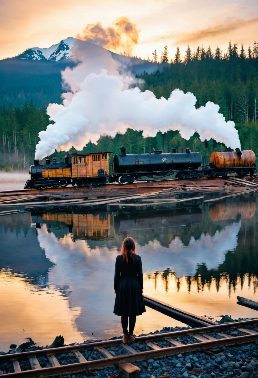 double exposure, The story set 1924 in Seattle, a woman stand on natural land, background Nimpkish Lake at a logging northern Vancouver Island, log dump wood steam train, sunset, great golden hour, fog, saturated