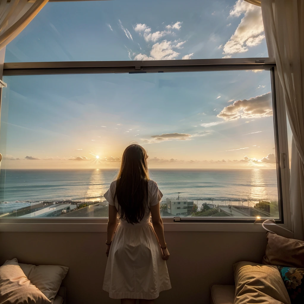  araffe woman standing in front of a window looking out at the ocean, looking out at a sunset, looking out over the sea, looking out at the ocean, looking off into the sunset, sunset view, beautful view, looking at sunset, gorgeous view, overlooking the ocean, looking out window, looking out a window, nice view, looking out
