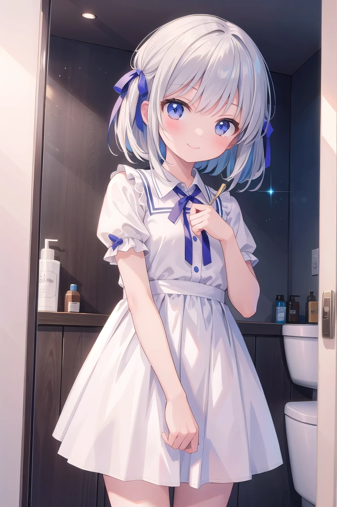 (masterpiece), bathroom, light particles, 1girl, medium hair, smile, hair ribbon