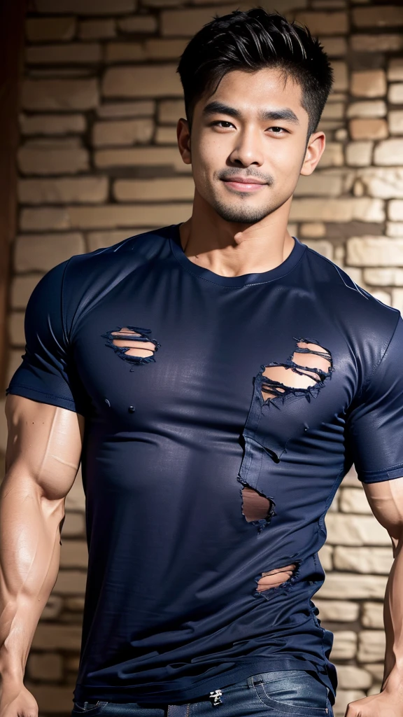 (Create a masterpiece), (CGI art),(realistic), (Sharp focus),  korean men 1 คนบาดเจ็บโดนจับมัด, (Wear a navy tight T-shirt.:1.3), jeans, korean men, chest muscles, large arm muscles, blood vessel, big muscles, Broad shoulders, looking at the audience, Balancing eye contact), (Big bulge: 1.4), (Torn shirt: 1.5), (Torn shirtวิ้น: 1.6), (Close your eyes..), (smile: 1.3), (Blood stains.: 1.2) ,Sitting on a table in a dark prison ,chip, His arms were tied with rope.., Hands crossed behind your back..,((Torn injection shirt)), ((Torn shirt)), , Abrasions on the body... ,Abrasions,( blood splatter), Abrasions on the face , dark cave