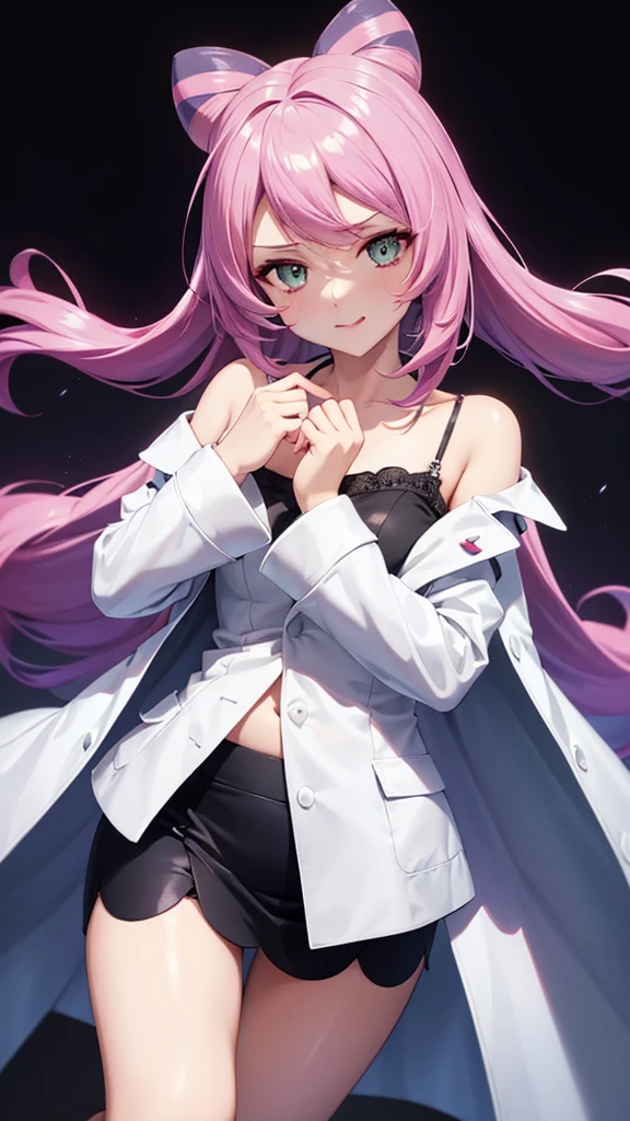 Erotic、Shiny camisole　mini skirt　Pink line、Evil female executive、sexy、Erotic Sneer、lure、Alluring、Pitch black background、Dark bedroom at night、White open long coat jacket