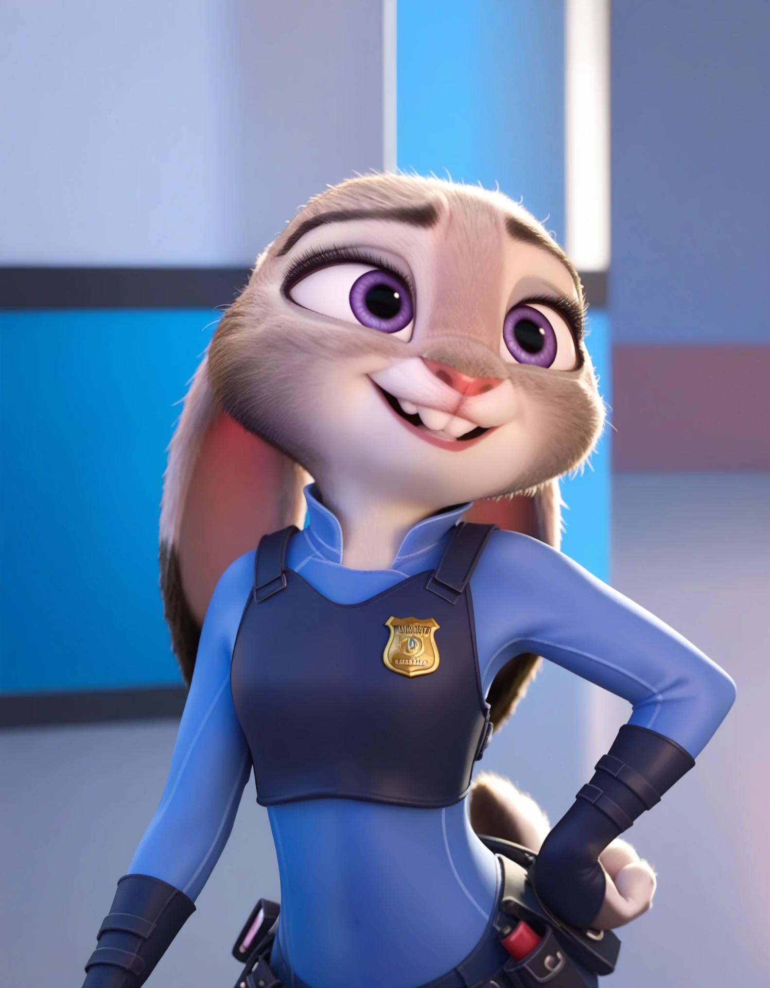 judyhopps, hand on hip, upper body, smug, raised hips, sad, cinematic, studio lighting, studio lights, gradient backdrop, score_7_up, score_8_up