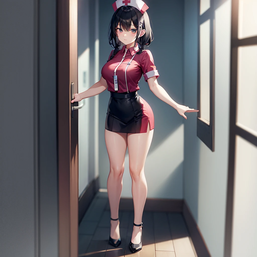 ((nurse)),Top quality,(Dark Room), Subtle light, Natural light,Soft lighting,Light from directly behind,(Are standing),Front view,Black background