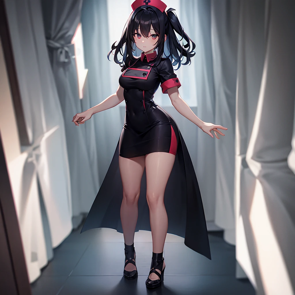 ((nurse)),Top quality,(Dark Room), Subtle light, Natural light,Soft lighting,Light from directly behind,(Are standing),Front view,Black background