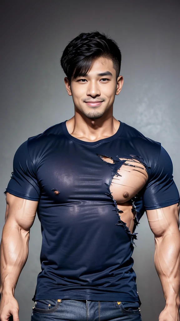 (Create a masterpiece), (CGI art),(realistic), (Sharp focus), korean men 1 คนบาดเจ็บโดนจับมัด, (Wear a navy tight T-shirt.:1.3), jeans, korean men, chest muscles, large arm muscles, blood vessel, big muscles, Broad shoulders, looking at the audience, Balancing eye contact), (Big bulge: 1.4), (Torn shirt: 1.5), (Torn shirtวิ้น: 1.6), (Close your eyes..), (smile: 1.3), (Blood stains.: 1.2) ,Sitting on a table in a dark prison ,chip, His arms were tied with rope.., Hands crossed behind your back..,((Torn injection shirt)), ((Torn shirt)), , Abrasions on the body... ,Abrasions,( blood splatter), Abrasions on the face , dark cave