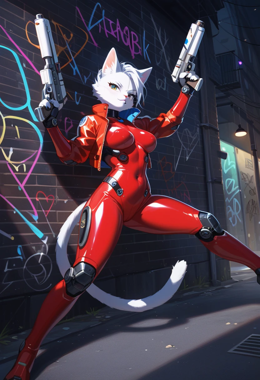 animation, Highest quality, Highest quality, High quality illustrations, masterpiece, Ultra-high resolution, Detailed Background, Alley, night, Graffiti art on the wall, Absurd, Perfect Anatomy, performance, Good lighting, Shadows in the movies(kemono, Furry PersonifiCation), Cat, woman, White Skin, Red Rubber Suit, latex, neon, neonライト, neonカラー, Bodysuits, Cyber Suit, Mech Suit, Rubber Half Jacket, cyber punk, Blade Runner, He has a gun in his right hand, Holding a blade in his left hand, Gunfight