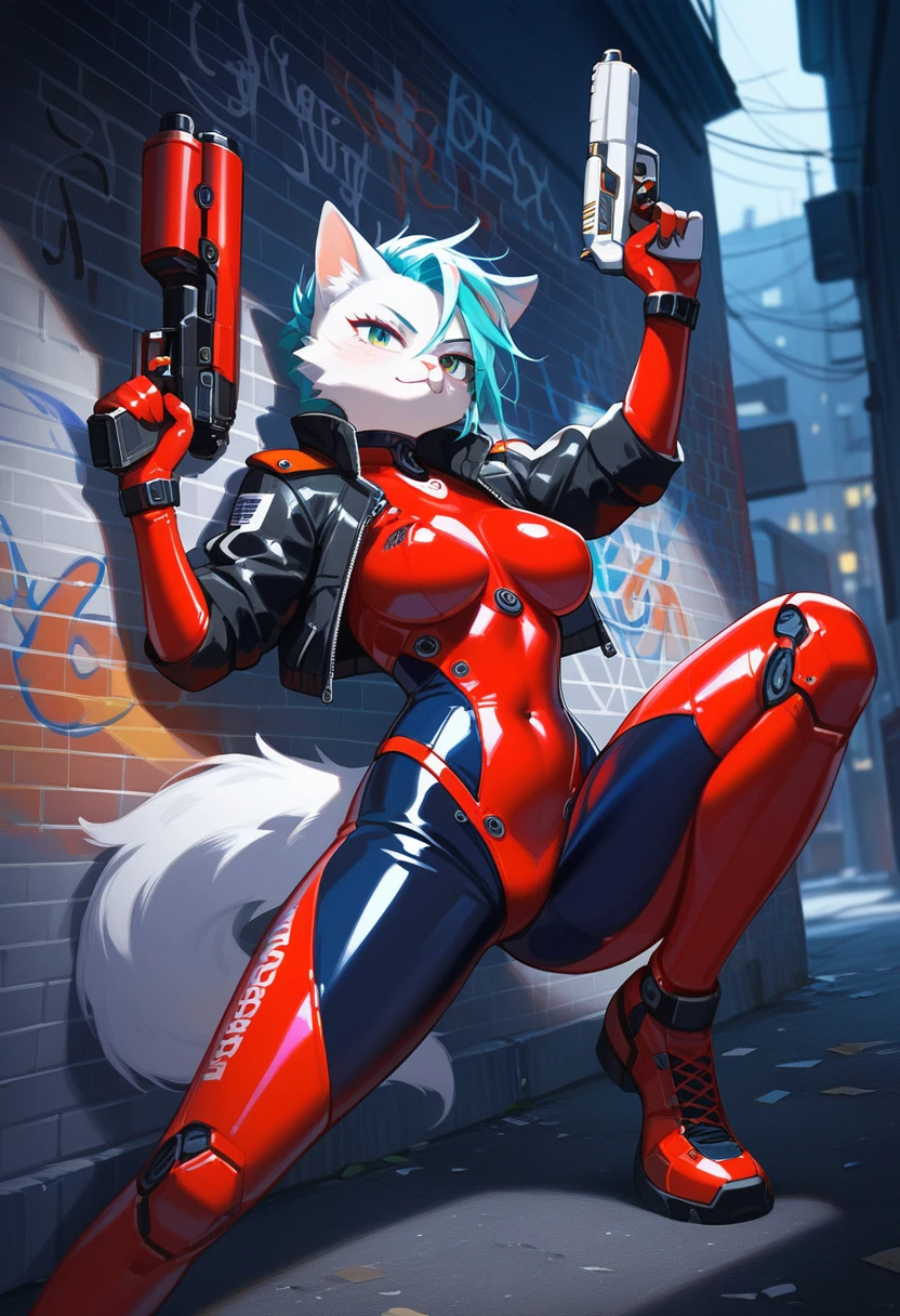 animation, Highest quality, Highest quality, High quality illustrations, masterpiece, Ultra-high resolution, Detailed Background, Alley, night, Graffiti art on the wall, Absurd, Perfect Anatomy, performance, Good lighting, Shadows in the movies(kemono, Furry PersonifiCation), Cat, woman, White Skin, Red Rubber Suit, latex, neon, neonライト, neonカラー, Bodysuits, Cyber Suit, Mech Suit, Rubber Half Jacket, cyber punk, Blade Runner, He has a gun in his right hand, Holding a blade in his left hand, Gunfight