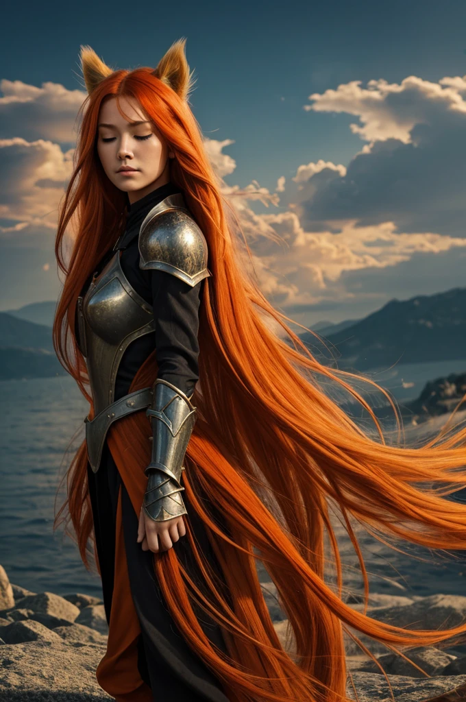 (Masterpiece), Best Quality, ultra detailed, illustration, warm lighting, bright colors, 1 girl, Alone, very long hair, gray fur, Orange hair, orange undercoat, Red eyes, colored inner hair, two tone hair, He drowned, absurdly long fur, orange colored inner hair, multicolor fur, halo, , , body suit, flowing hair, wind, one eye closed, personal, dress, armor, headgear, floating,, ,  